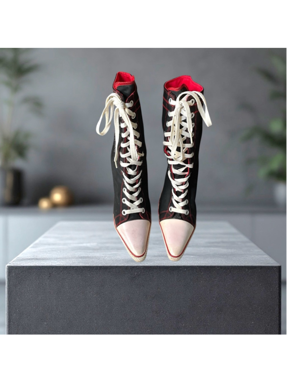 Anne Michelle NOWELL-02 Y2K Mid-Calf Lace-Up Stiletto Heel Boots Black Red Wm 8 - Picture 3 of 9